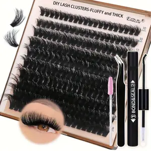 DIY Eyelash Extension Kit 80/100D, 200pcs Mixed Length 10-18mm with 2-in-1 Lash Bond & Applicator, Tweezers, Brush, D Curl, Natural Cluster Fluffy Extra Thick, Reusable for Beginners Eyelash Extensions Kit Eyelash Clusters
