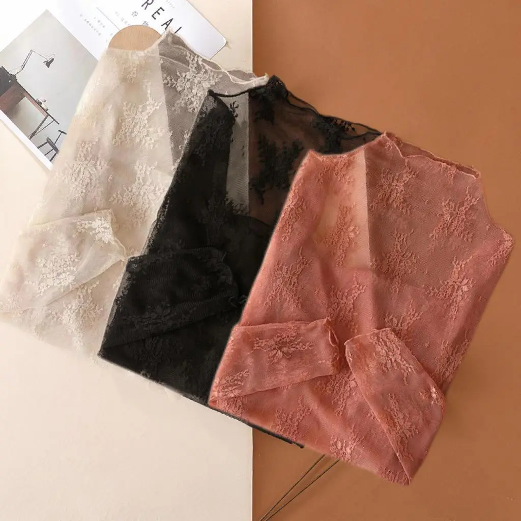 2/3 Pack Women's Elegant Lace Blouse, Chic Solid Semi-Sheer Long Sleeve High-Stretch Tops with Contrast Detailing