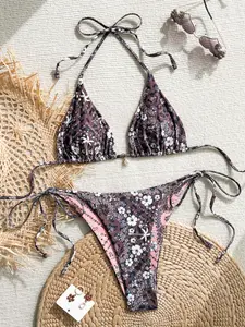 Women's Printed Sexy Casual Beach Tie Floral Print Bikini Two-Piece Set, Fashion Swimwear, Floral Print Swimsuits, Fitted Outer Shell, Moderate Fabric Thickness, Swimsuit For Beach, Summer Swimsuit Set, All Seasons