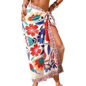 Women Sheer Sarong High Slit One Size Swimsuit Coverups 2026 Summer Floral Print Chiffon Wraps Beach Cover Up