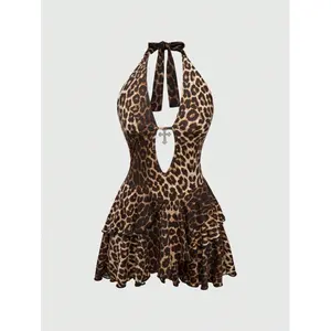 J-Fashion Women Plus Size Y2K Gyaru Retro Subculture Sexy Halter Cross Ruffle Hem Leopard Print Mini Dress