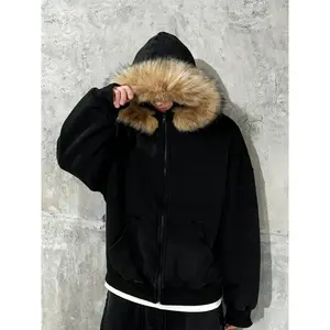 Men’s Faux Fur Hooded Zip-Up Jacket, Street Fashion Windbreaker, Warm Trendy Design, Simple Streetwear, Everyday Wear, Fall & Winter, Coats