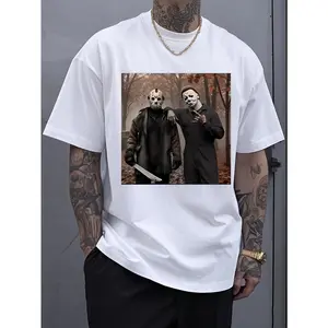 Men's Graphic T-Shirt - Black Horror Icons Print, Soft Breathable Cotton Tee for Everyday & Halloween Outfits - Casual Crewneck Shirt for Horror Movie Fans, Halloween T Shirts, Streetwear Fashion, Bold Design, Comfortable Material, Print Top