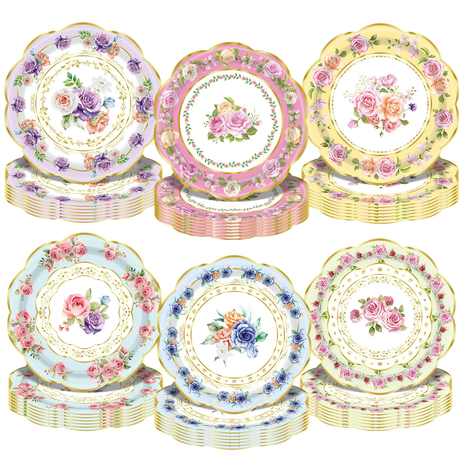 48 PCS Floral Paper Plate Tea Party Plates for Birthday Party, Baby Shower, Afternoon Teas, Wedding Party Decorations Disposable Flower Paper Plate