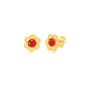 Flower Red Crystal Yellow Gold Plated Girl's Screwback Stud Earrings Earth2Jane