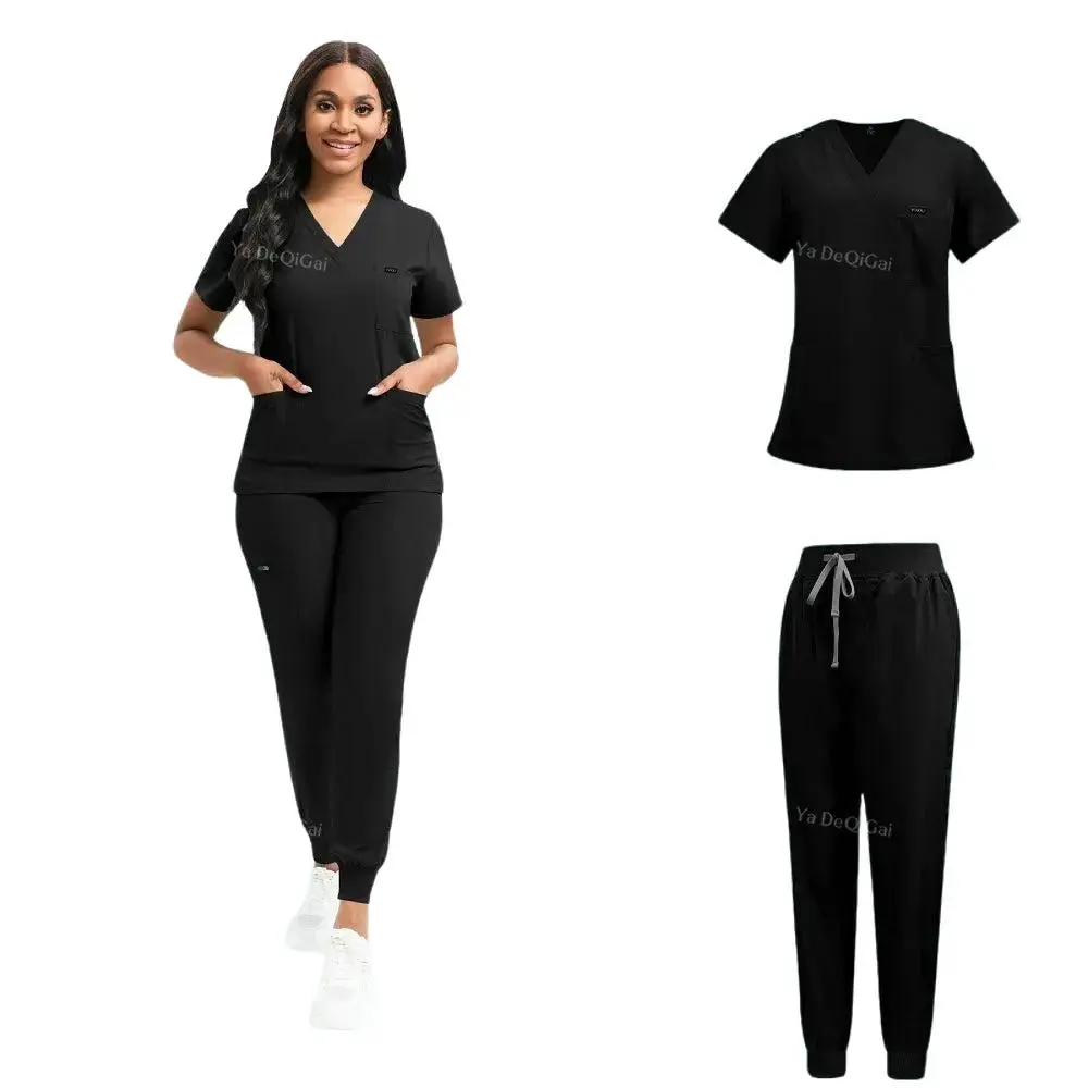 NiaaHinn Women's 2-Piece Solid Stretch Jogger Scrubs Set, Breathable Medical Workwear Uniform with V-Neck Top & Pants, Work Clothes, Women's Clothes, Polyester, Basic, Drawstring