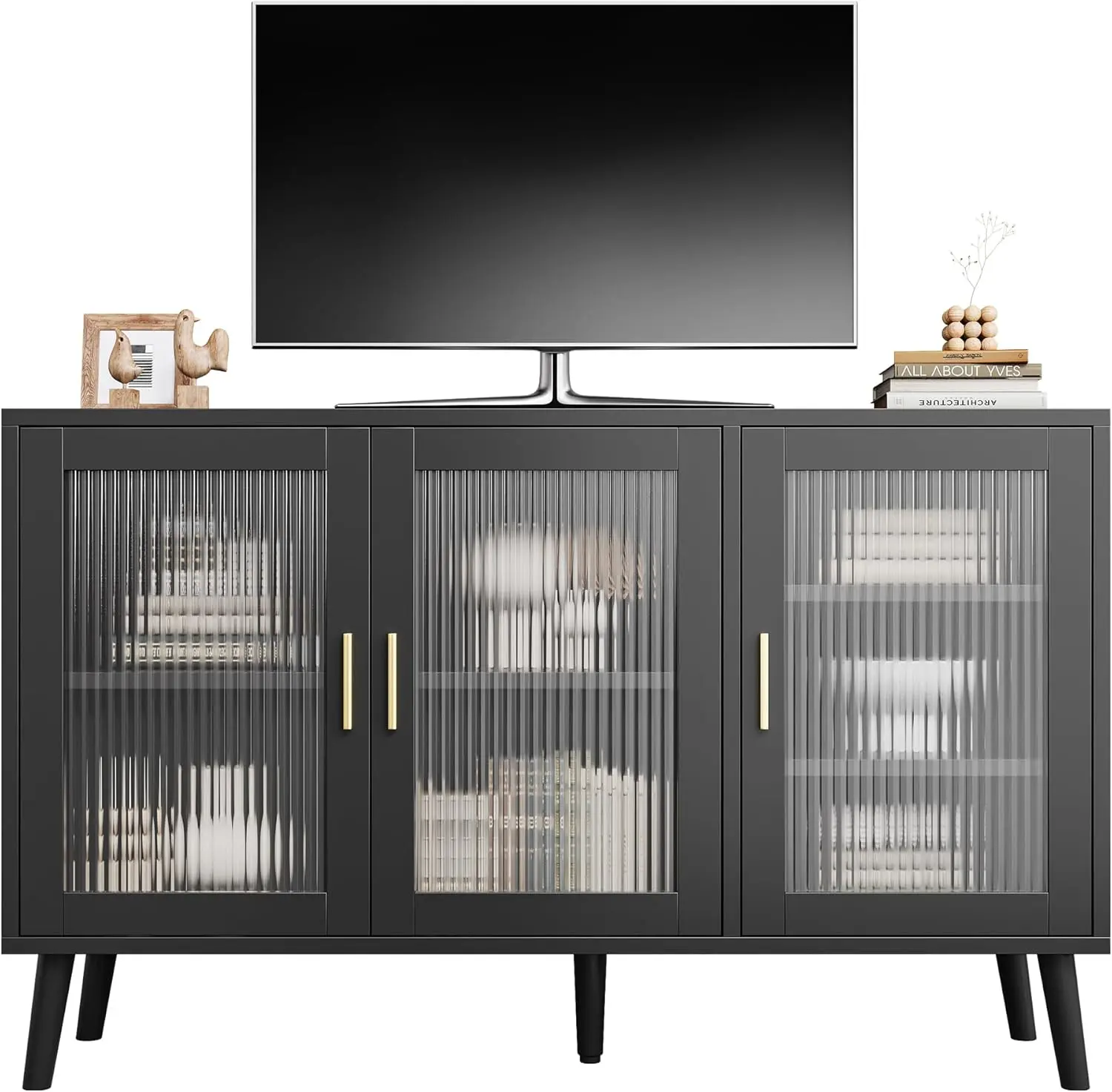 48" Sideboard Buffet Cabinet, Large Sideboard Cabinet with 3 Fluted Glass Doors and Removable Shelves, Black Credenza Decorative for Living Room, Dining Room, Kitchen, Hallway
