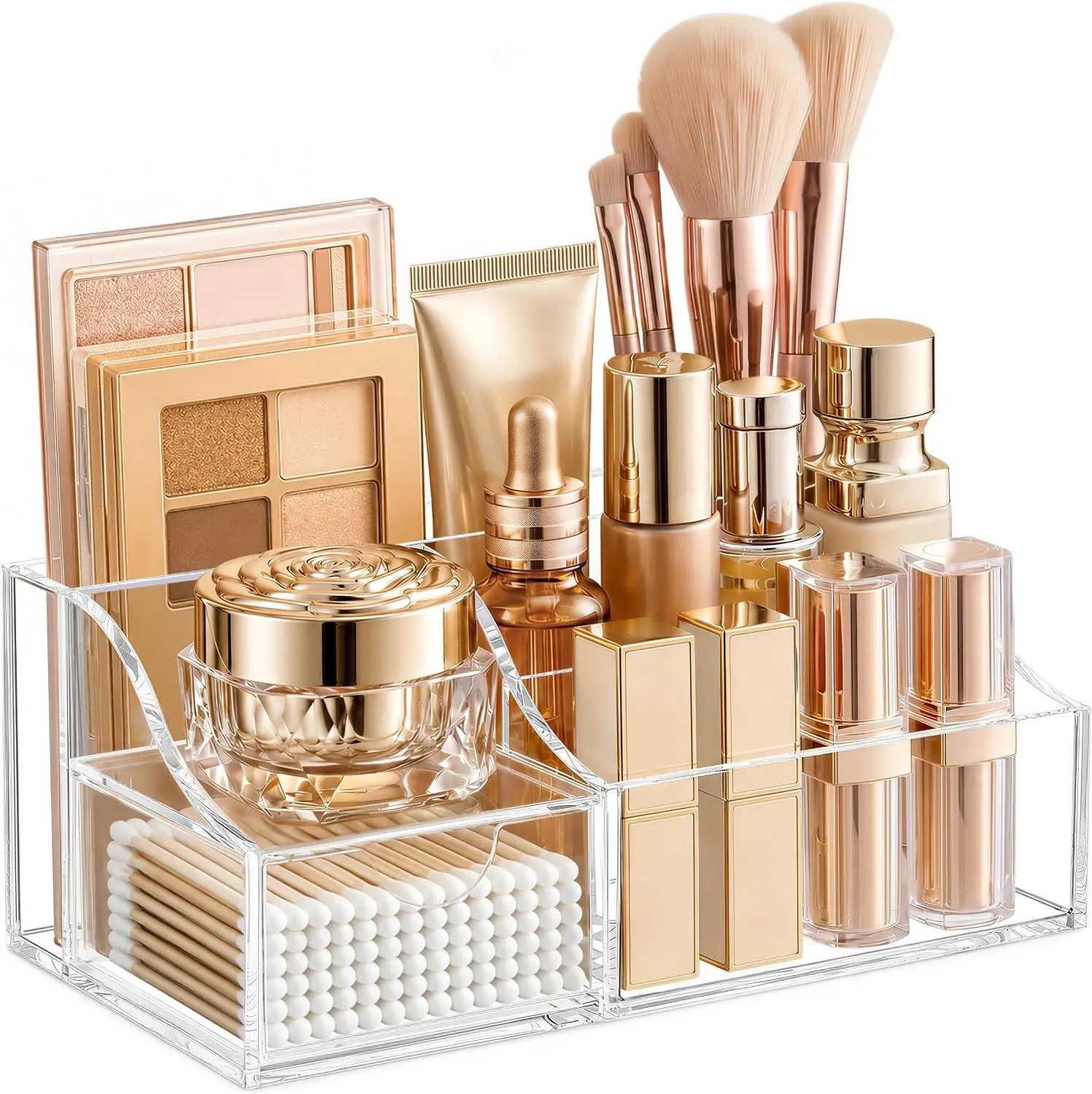 Makeup Organizer with Drawer – Cosmetic Storage for Vanity, Bathroom Countertop & Dresser, Skincare Organizer with Brush Holder, Beauty Display Case, Clear