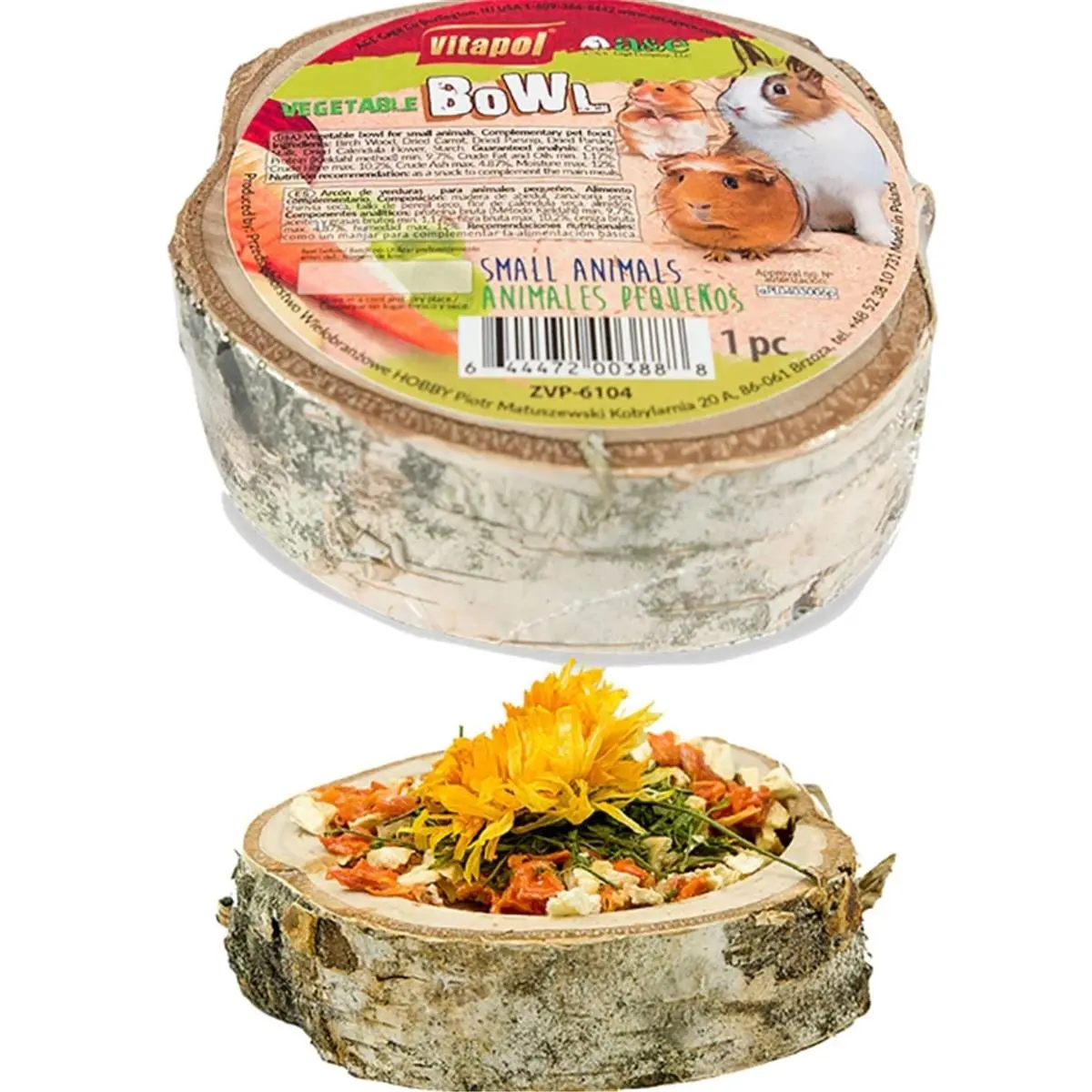Vitapol Small Animal Natural Wooden Bowl - Chewable Dish for Tasty Treats, Small Size
