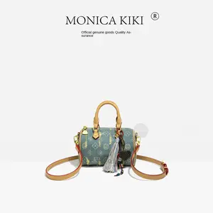 Monica Qiqi Canvas Denim Vintage Monogram Bowling Bag Handheld Niche Boston Pillow Bag for Women Original