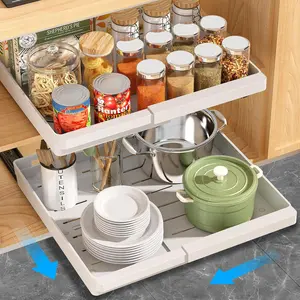 2 Pack Expandable Pull Out Cabinet Organizers, Plastic Slide Out Drawers for Kitchen, Bathroom, Pantry Under Sink Storage, Fixed with Adhesive Nano Film, White Adjustable 11.6''-17.5''