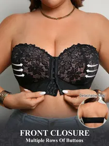 Plus Size Women's Lace Wireless Adjustable Strap Bra, Push up Anti‑sagging Front Buckle Bandeau,Multiway Detachable Straps, Breathable Comfortable,off-shoulder Dresses Daily Wear