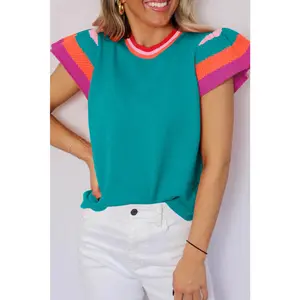 Turquoise Contrast Flutter Sleeves Knitted Sweater T Shirt Casual Crewneck Knitwear Round Neck