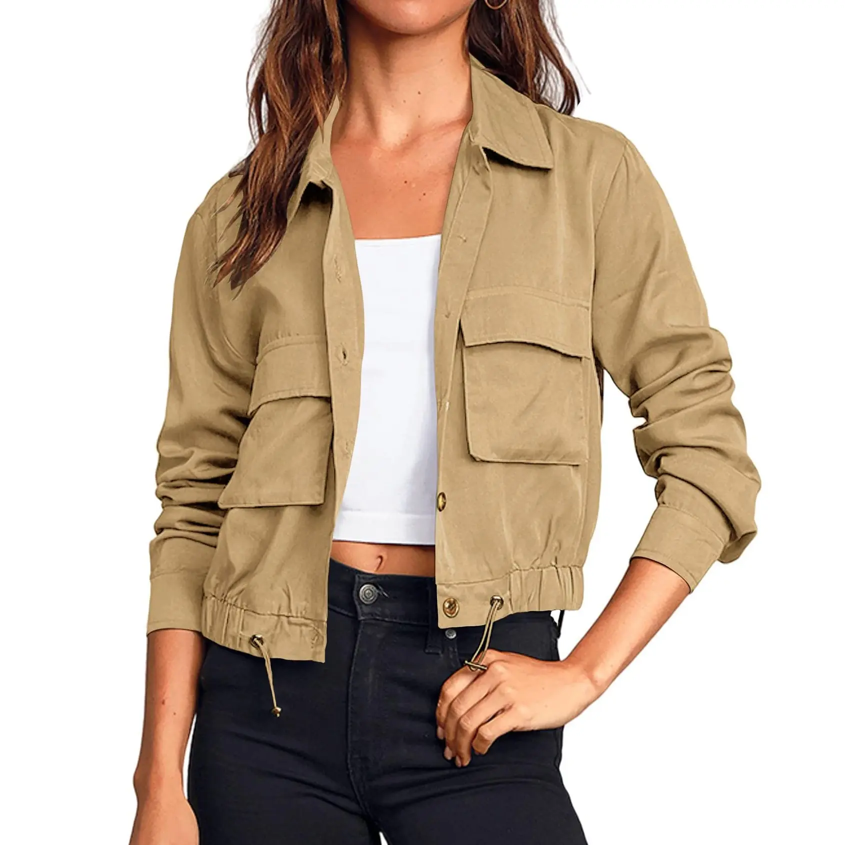 Yimoon Women's Casual Cropped Jackets Military Safari Button Drawstring Lightweight Utility Anorak Coat with Pockets