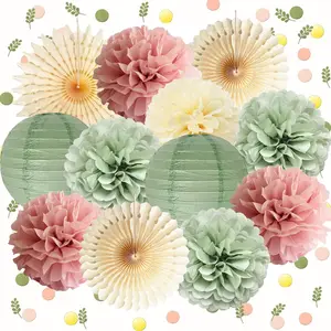 Dusty Pink & Sage Green Party Decorations Dusty Rose Tissue Pom Poms Paper Lanterns Confetti Dots Table Decor for Women Girls Birthday Wedding Baby Shower Engagement