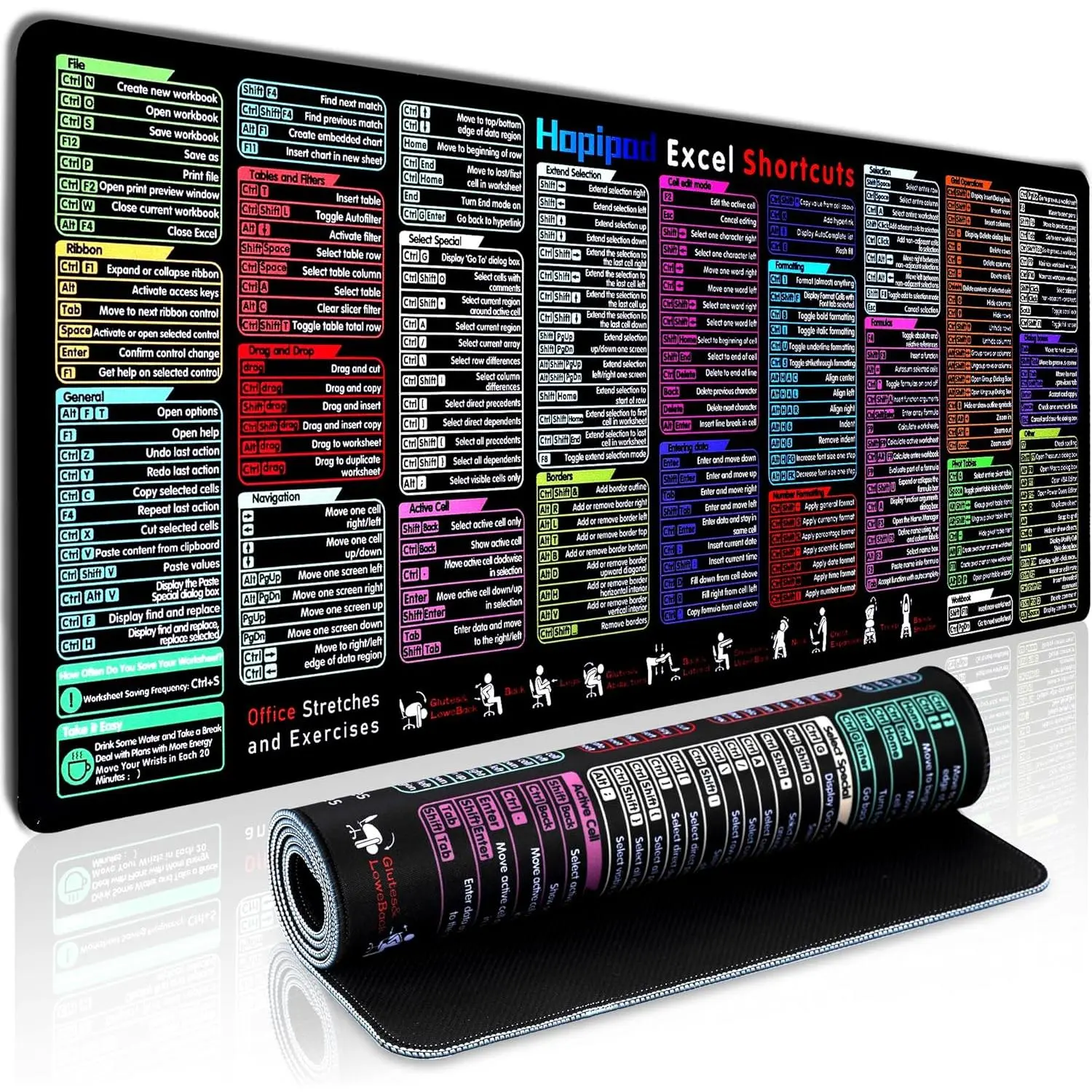 Excel Cheat Sheet Desk Pad with 231 Shortcuts |  Local Store | XL 31.5"x11.8"  Mousepad | Non-Slip Office & Gaming Desk Mat | Stitched Edges | Employee Appreciation Gifts