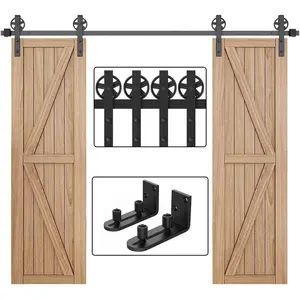8FT Wood Double Sliding Barn Door Hardware - Basic Black Big Spoke Wheel Roller Kit with Floor Guides - Adjustable Stay Roller Hardware Kit