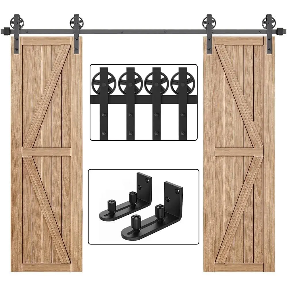 8FT Wood Double Sliding Barn Door Hardware Kit - Farmhouse Rustic Industrial Style, Black Big Spoke Wheel Rollers, Adjustable Stay Rollers, Floor Guides for Wood Slide Doors, Wood Slide Door, Sturdy Steel Bracket