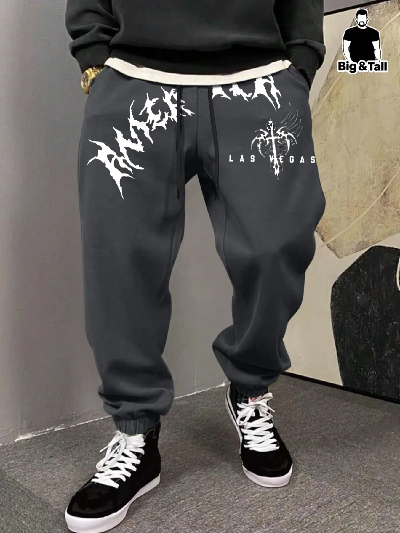 Men's Plus Size Sweatpants with Cross Pattern, Casual Street Style Drawstring Joggers, Fitted Long Pants for All Seasons