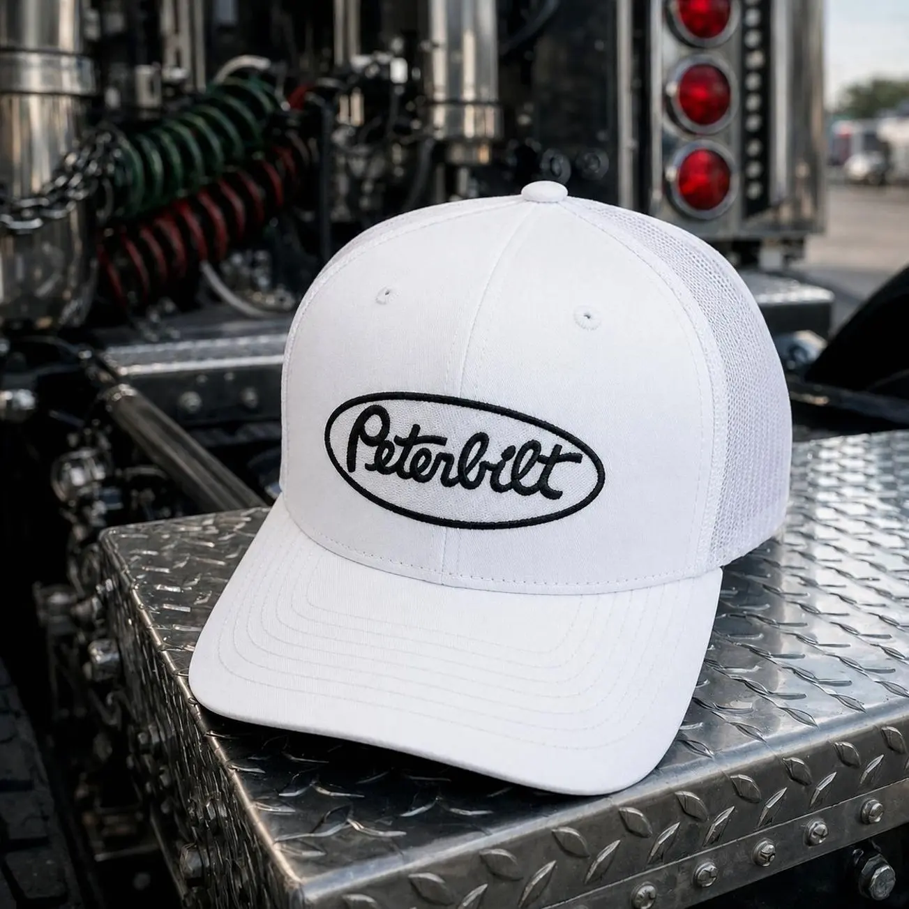 Peterbilt White Patch Trucker Hat, Black Mesh Snapback Cap, Embroidered Patch Hat, Semi Truck Driver Gift, Big Rig Enthusiast Adjustable Cap
