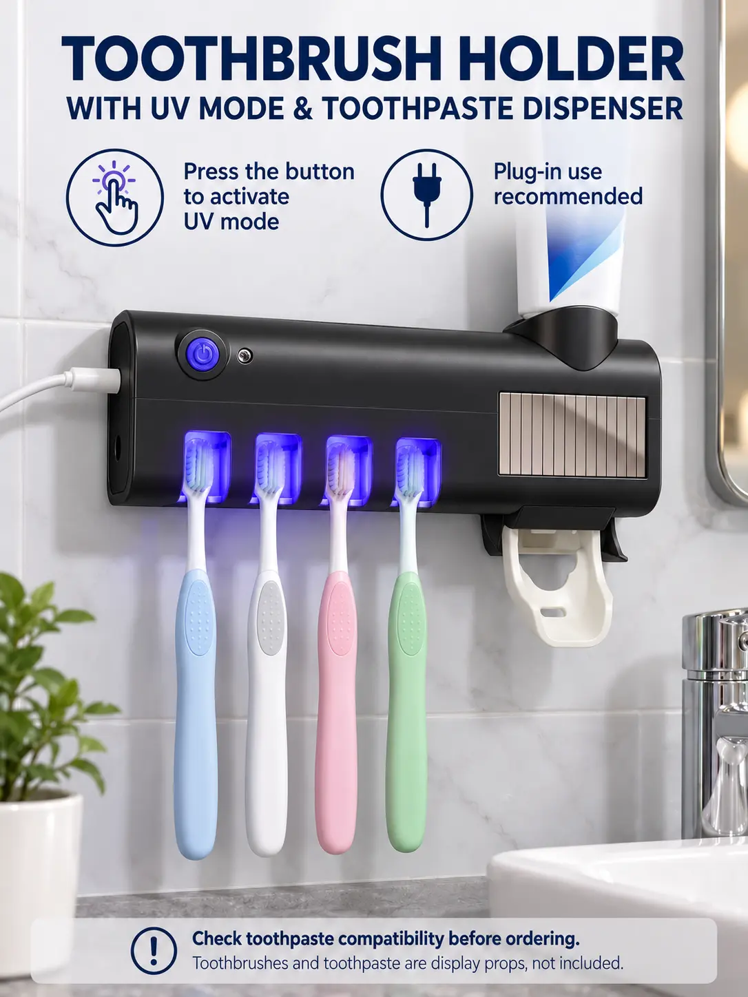 Toothbrush Holder with One-Push Toothpaste Dispenser, Button Disinfection, Adjustable Dividers, Drainage Drip Tray, No-Drill Wall Mount, 7.5 x 4.9 in