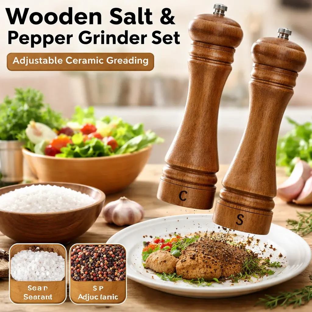 8-Inch Oak Wood Salt and Pepper Grinder Set - 2pcs Seasoning Utensils with Adjustable Ceramic Rotor Mills, Coarse-to-Fine Grind Settings for Kitchen & BBQ