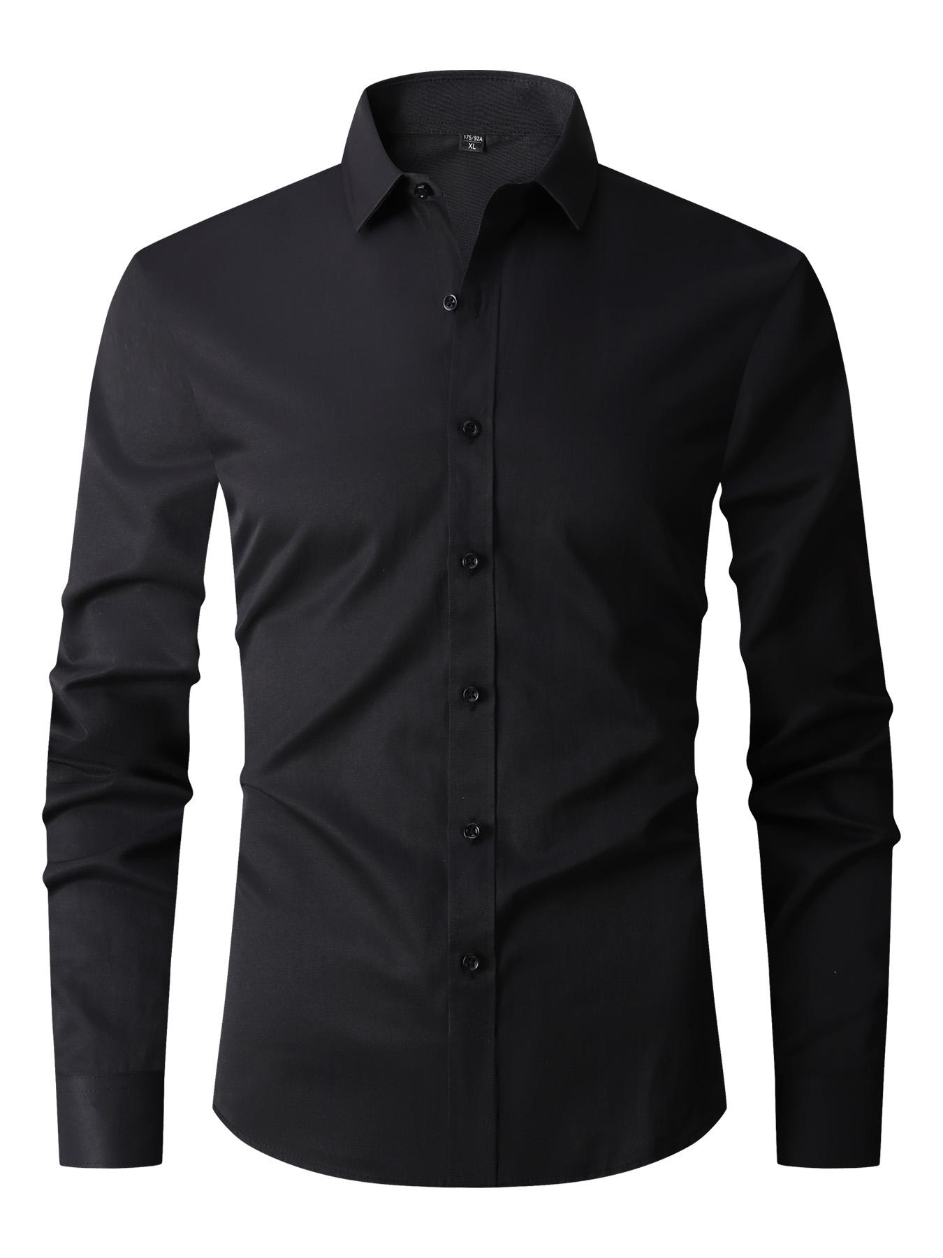 Men's Slim Fit Solid Dress Shirt, Wrinkle-Free Smooth Cotton Blend Fabric, Long Sleeve Button Down Top for Business & Formal Suit Wear, Formal Wear, Tops, Classic, Polyester, Longsleeves, Elegant, Wash Free, Business Wear