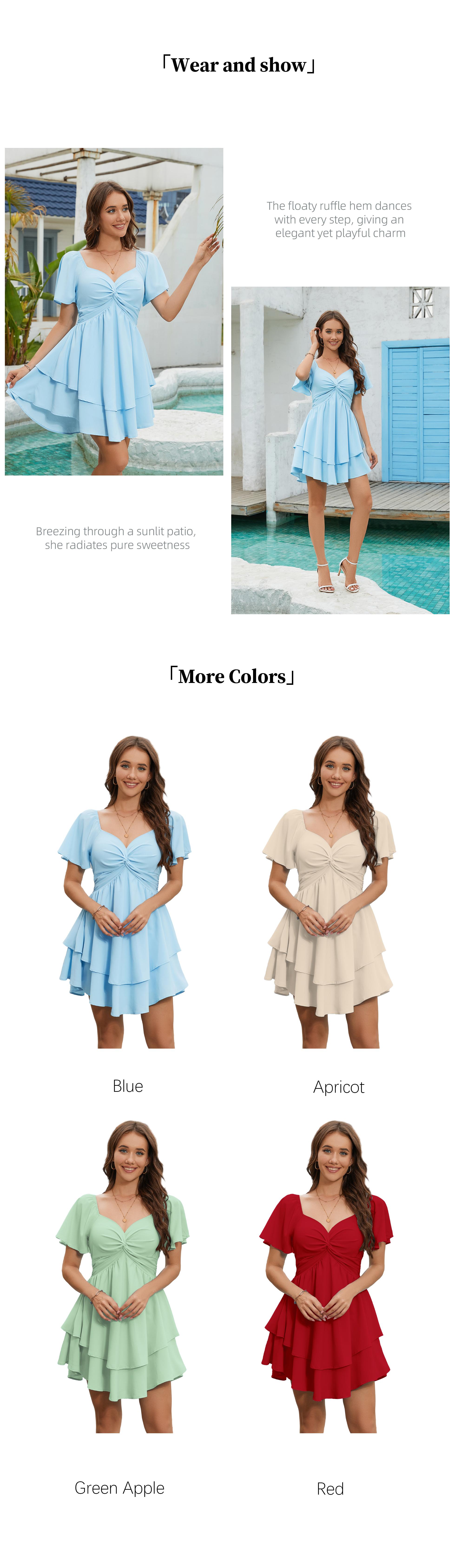 Florboom Women's Sweetheart Knot Front Mini Dress,Flutter Sleeve Layered Ruffle Hem A-Line Short Dress, Easter dress,Lightweight Summer Fit & Flare Dress for Vacation, Parties, and Everyday Style