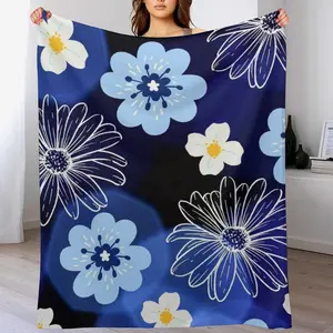 Flannel Fleece Blanket, Navy Blue Floral Daisy & Sakura Aesthetic Design Soft Throw, Cozy Warm Boho Floral Gift for Couch Bed