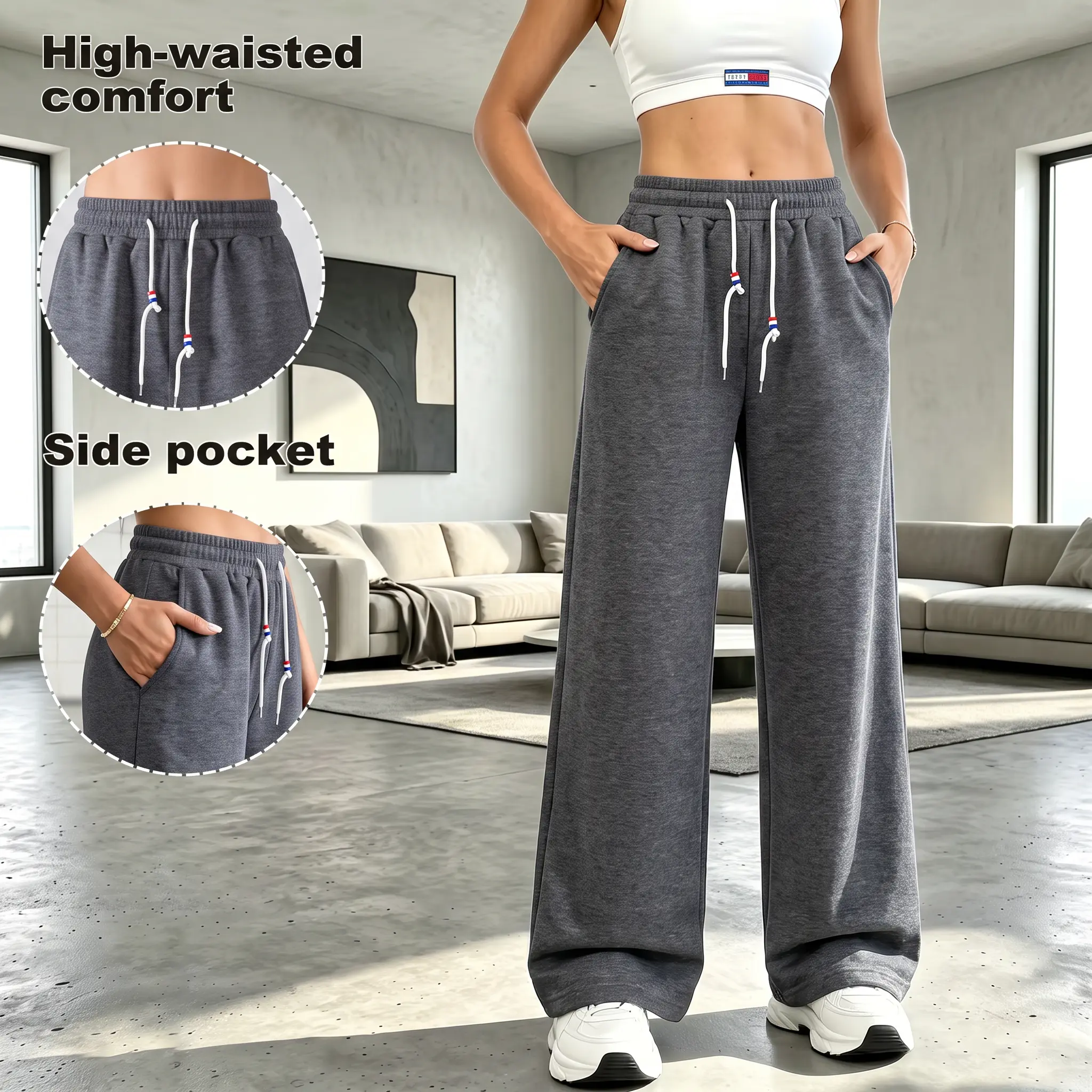 Women’s casual wide-leg pants, women’s fashionable long pants, featuring an elastic waistband—a loose fit made from medium-stretch fabric, machine washable; suitable for spring, summer, and autumn; sporty sweatpants.