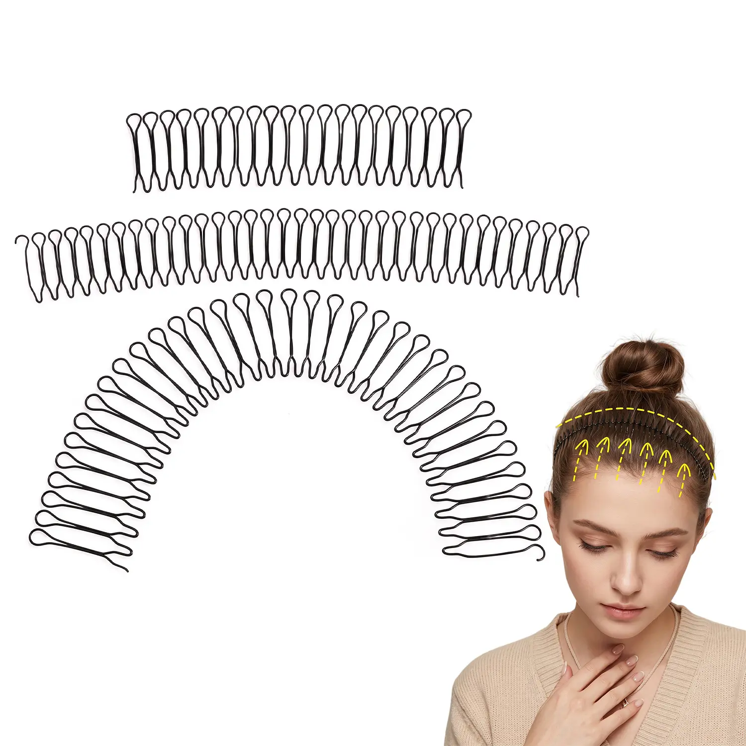 YLNWH U Shape Hair Finishing Fixer Comb, 3 Pieces Bobby Bangs Holder Styling Tool Stretchable Hair Pin U Shape Wavy Comb Clips Spring Headband Circle Styling Black Pins Bun Hairpins for Women Girl