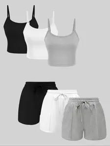 Women's 3 Sets Ribbed Cami Top & Drawstring Shorts Two Piece Outfit, Casual Sleeveless Crop Tank With High Waist Shorts, Loungewear Set For Daily & Workout Clothes