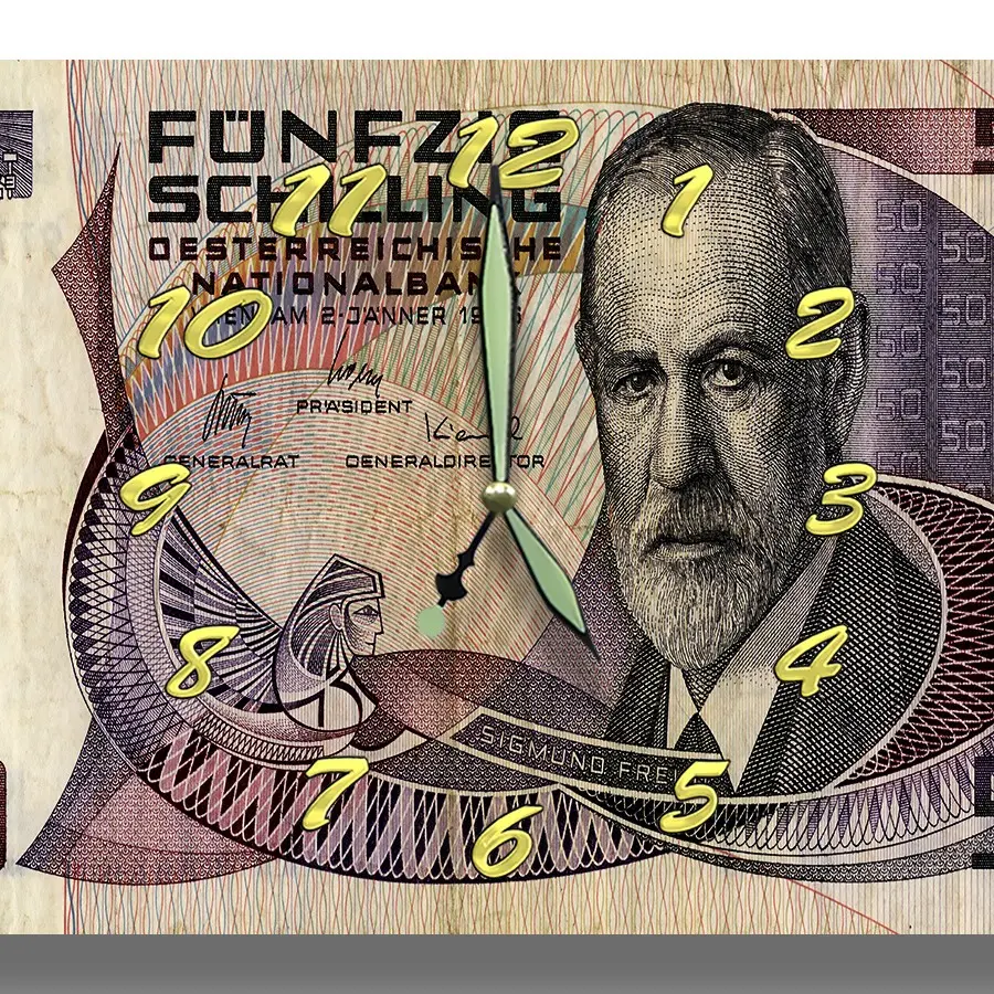 Sigmund Freud Money Clock Oesterreichische Nationalbank Series 1986 50 Austrian Schilling 8 x 12 inch wall clock Father of Psychoanalysis