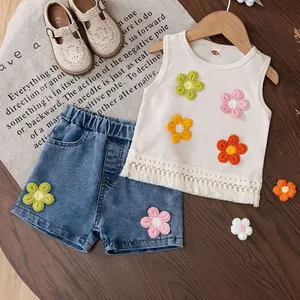 Sweet little girl vest with printed top + denim shorts two-piece set, suitable for outdoor daily wear