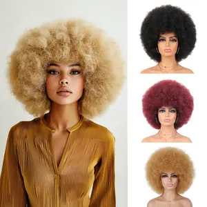 Blonde Afro Curly Wig for Black Women Short Kinky Curly Synthetic Wig Bob Fluffy Natural Looking Fake Hair for Cosplay Party Use Stylish Afro Design Natural Realistic Varieties Colors