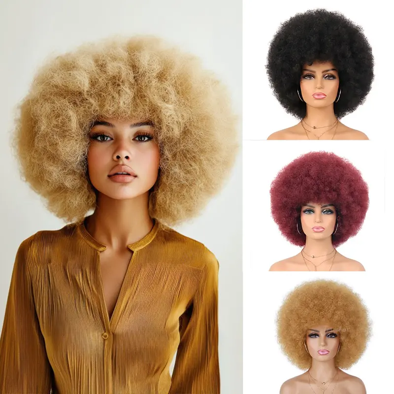 Blonde Afro Curly Wig for Black Women Short Kinky Curly Synthetic Wig Bob Fluffy Natural Looking Fake Hair for Cosplay Party Use Stylish Afro Design Natural Realistic Varieties Colors