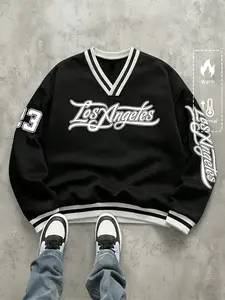 Vintage Letter Print Sweatshirt, Unisex Colorblock Pullover Hoodie, Comfortable Retro Sports Wear for Men & Women