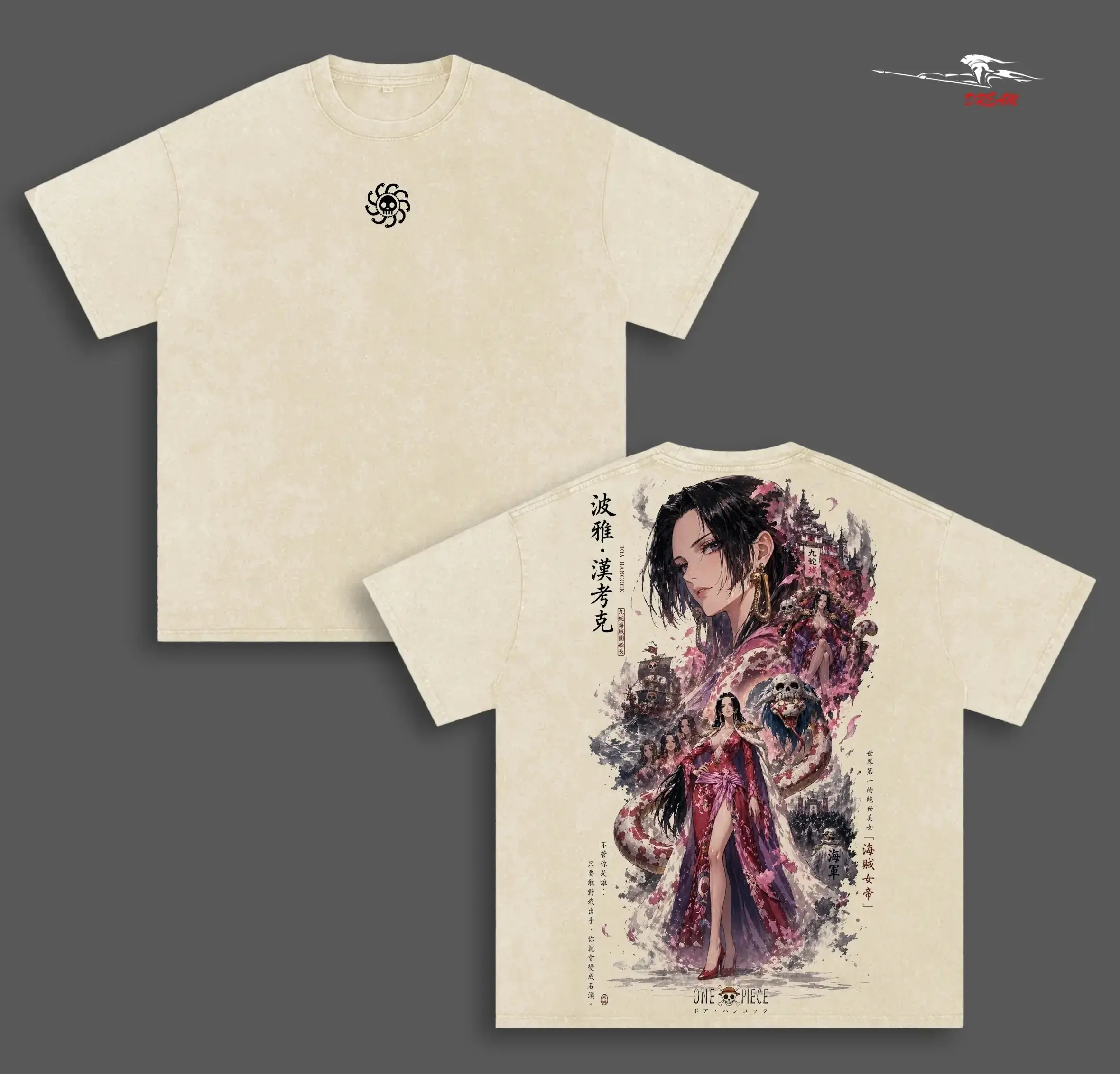 Boa Hancock Anime Double Printed Vintage Washed Tee Unisex Oversize Anime Manga Washed Heavyweight Cotton T-shirt
