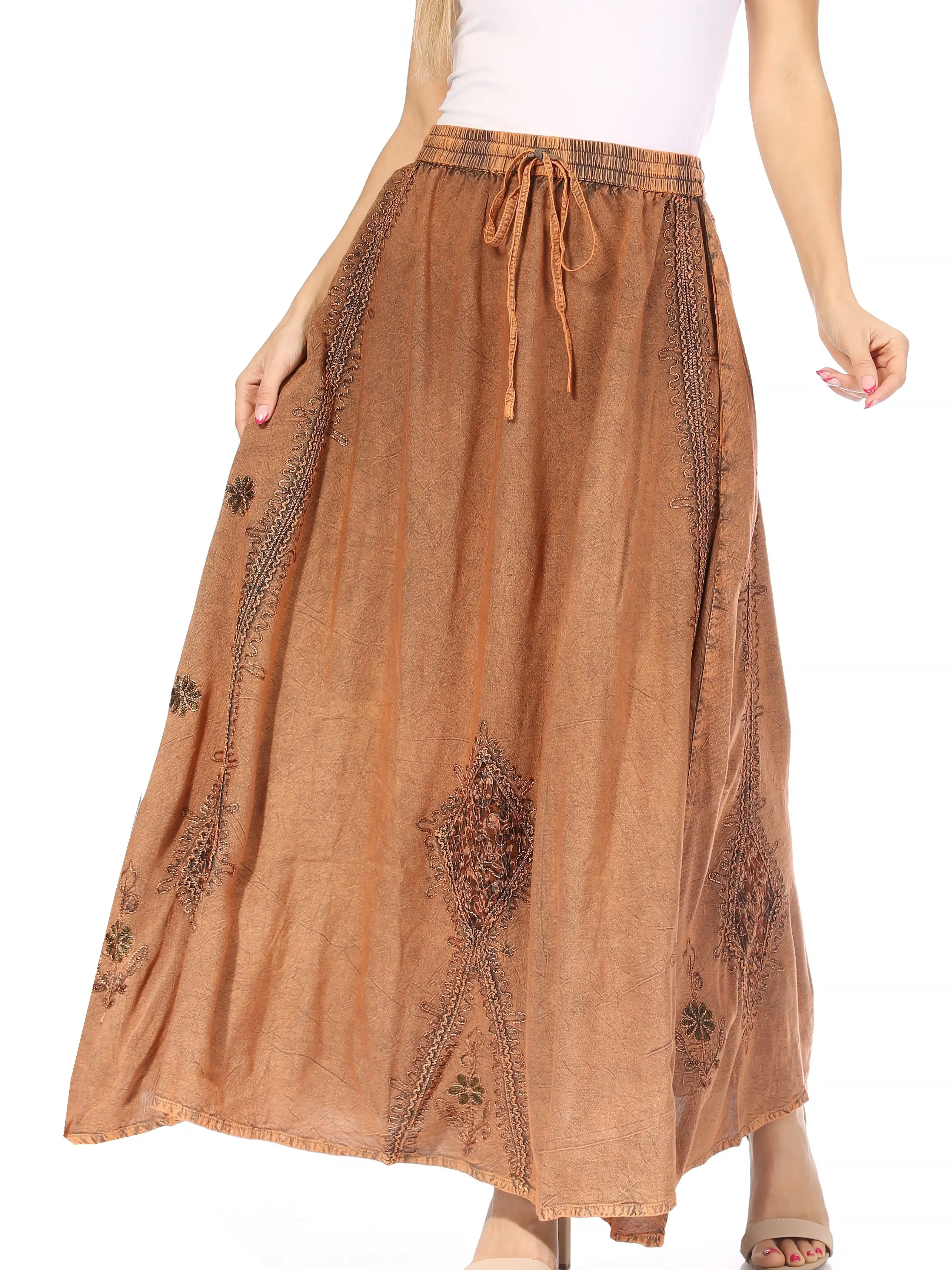 Sakkas Zarah Women's Boho Embroidery Gypsy Skirt with Lace Elastic Waist Pockets