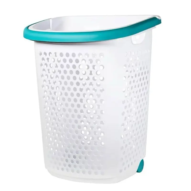 Rolling Laundry Hamper with Pop-up Handle Plastic 2 Bushel Wheeled Basket White with Teal Accents