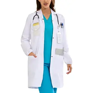 Women's Professional Long Sleeve Lab Coats Snap Closure 4 Pockets Elastic Cuffs for Medical Scientist College