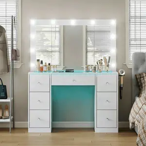 CollaredEagle Dressing table with power outlet and 11 lights, vanity with mirror, featuring 7 drawers, suitable for bedrooms and dressing rooms, white finish