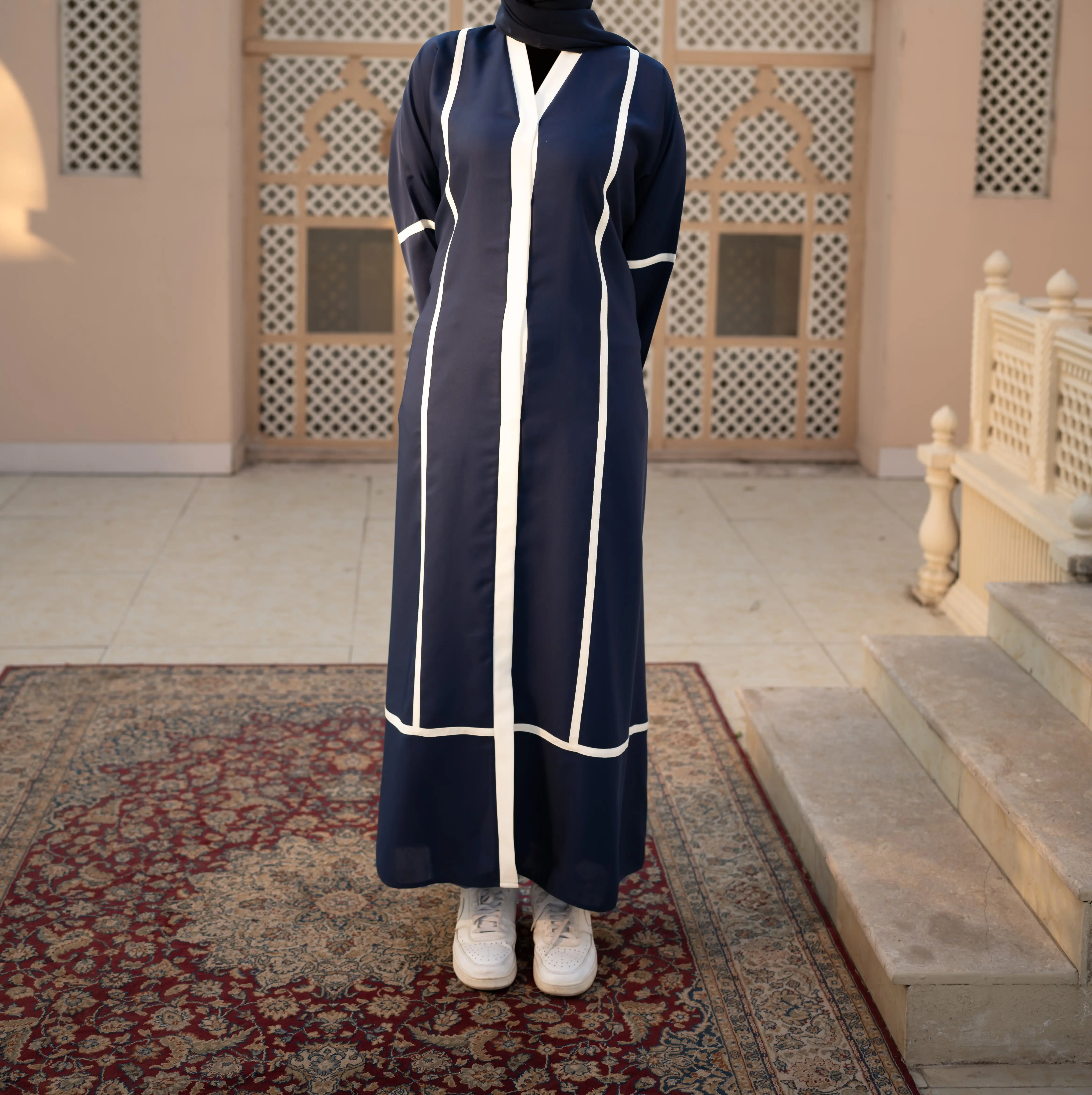 Women's Solid Long sleeve Striped Lounge Dress, Casual Comfy V-Neck Loose long dress for Daily Home Wear, Modest Long Sleeve V-Neck Muslim dress for w