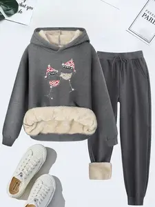 Women's Hooded Lamb Velvet Set, Winter Warm Two-Piece, Casual Fitted Long Sleeve Top & Pants, Thick Kint Fabric