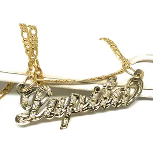 10k Solid Gold Yellow Cursive CZ Stones Custom Nameplate Pendant Necklace with Chain Options