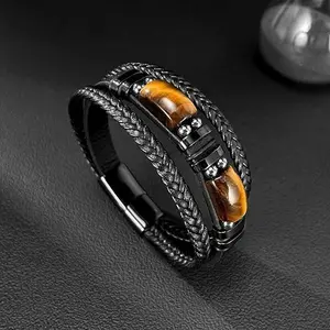 Men's Tiger's Eye Leather Bracelet for Business Wear Father's Day Gift Energy Healing Jewelry with Tiger's Eye and Leather Material