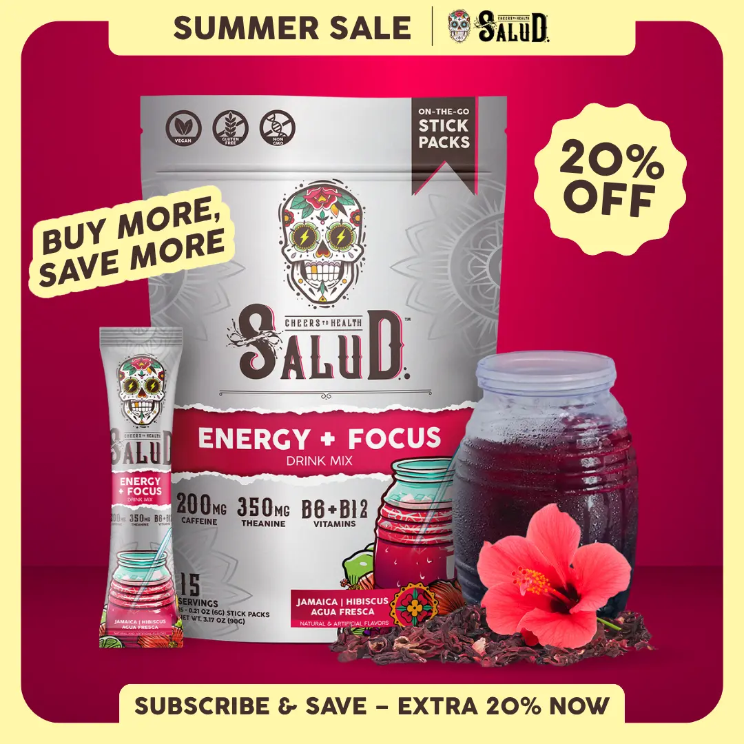 Salud 2-in-1 [Energy + Focus - Jamaica | Hibiscus] Clean Energy Drink Mix, Agua Fresca, Organic Caffeine, B6 & B12, L-Theanine, Drink Packets, Non-GMO, Gluten Free, Vegan, Low Calorie, 1g Sugar (15 Servings)