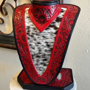 Tooled leather and cowhide western necklace stand