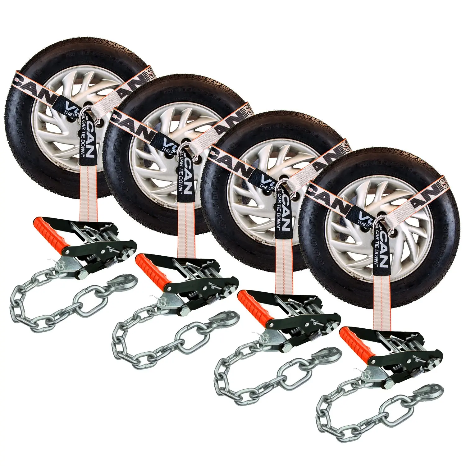 VULCAN Car Tie Down with Chain Anchors - Lasso Style - 2 Inch x 96 Inch - 4 Pack - Silver Series - 3,300 Pound Safe Working Load Wheel Lifts Tow Dollies Webbing Flat Bed Trailer