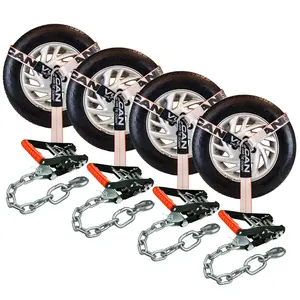 VULCAN Car Tie Down with Chain Anchors - Lasso Style - 2 Inch x 96 Inch - 4 Pack - Silver Series - 3,300 Pound Safe Working Load Wheel Lifts Tow Dollies Webbing Flat Bed Trailer